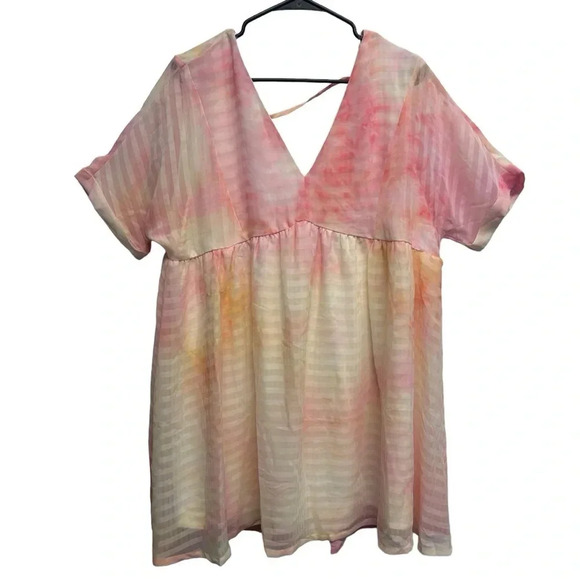 Entro Pink Lemon Yellow Tie Dye Mini Relaxed Fit Dress Beach Cover Up Size L - Picture 2 of 8